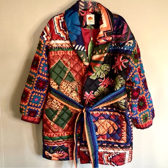 NEW FARM Rio Patchwork Tapestry Crochet Puffer Jacket Tropical Tie Belt Size XL - Picture 7 of 16
